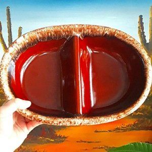 Vintage 1960-85 Hull USA Brown Drip Divided Snack Tray